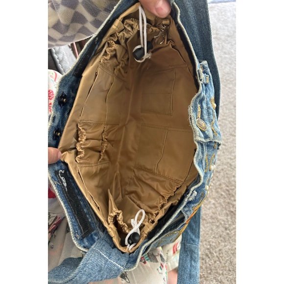 Lee Jeans Up Cycled Boho Purse Pearl Studs Gold Trim Fish Pockets Catch Closure - Picture 11 of 13